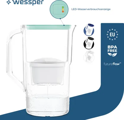 Produktbild von Wessper 2,8 l Wasserfilterkrug mit LED-Zähler Kompatibel mit Brita Maxtra | Set aus 1 Wasserfilterkrug + Wasserfilterkartusche - Minze