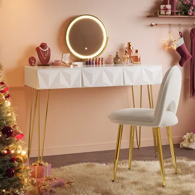 Produktbild von EUGAD Schminktisch mit Beleuchtung, drehbarem Spiegel, Metall, MDF, Weiß+Gold