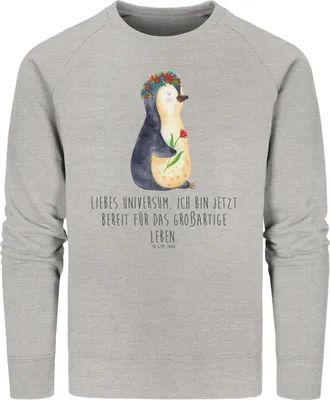 Produktbild von Mr. & Mrs. Panda Baumwoll Sweatshirt Pinguin Blumen Größe XS - Heather Grey - Geschenk, Geschenkidee, Universum, Positiv, Pullover, Sweater, Pulli, Motivation