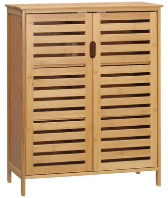 Productafbeelding van Badkamerkast, bamboekast met lattenontwerp voor badkamer of hal, compact formaat, veel opbergruimte, natuurlijk hout