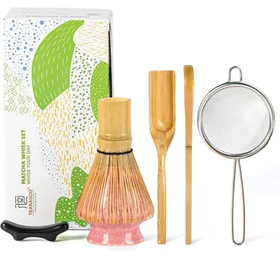 Zdjęcie produktu dla Zestaw trzepaczek do matcha z 100 ząbkami, z różową rączką, 6-częściowy, bambusowy, tradycyjny, idealny jako prezent do kawy z mlekiem
