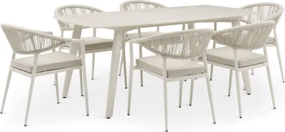 Produktbild von Gartenmöbel Set SELI Gartenmöbelset mit 1 Tisch und 6 Stühlen, Tischgröße 180 x 90 x 75, Cremeweiß – aus pulverbeschichtetem Aluminium mit robuster Keramik-Tischplatte, wetterfest mit Sitzkissen