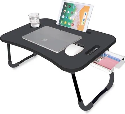 Image de Table pliante pour ordinateur portable, noire avec tiroir, pour le travail, les études ou le petit-déjeuner