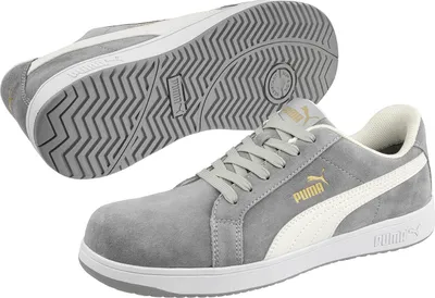 A pair of grey Puma safety shoes are displayed against a white background. One shoe is shown from the side, laced up, while the other is shown from the sole.