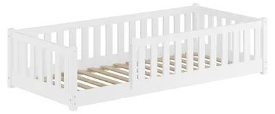 Produktbild von Flachbett, Holzbett mit Rundumschutzgitter 90x200 Kiefer waschweiß lackiert V-60.77W-09Rollrost inkl.