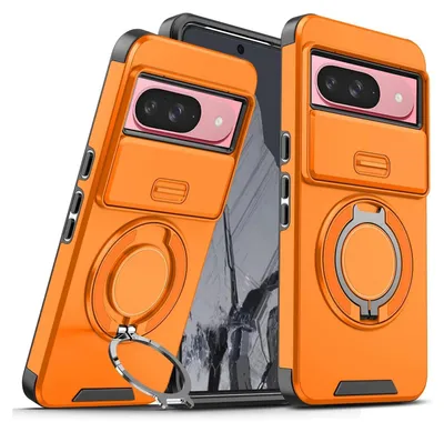 Immagine prodotto di Custodia a doppio strato per Goolge Pixel 10 / Pixel 10 Pro, con copertura scorrevole della fotocamera e supporto ad anello magnetico Arancione
