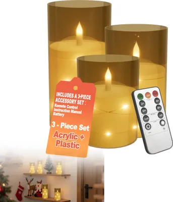 Zdjęcie produktu dla Zestaw 3 świec LED XMTECH - Bezpłomieniowe świece dekoracyjne Ø7,5 x 10/12,5/15 cm z pilotem, wyłącznikiem czasowym i przewodem świetlnym LED - Zasilane bateryjnie, do dekoracji świątecznych i prezentów - Złote