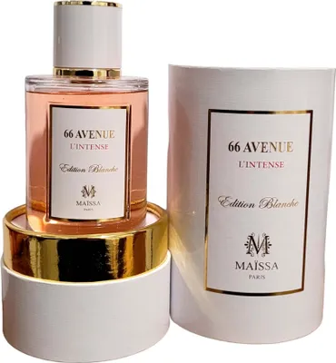 A perfume bottle and its packaging are displayed on a white background.