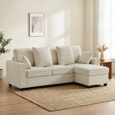 Produktbild von Ecksofa umkehrbare Chaiselongue 3-Sitzer L-Form, Samtoptik Couch Taschenfedern, Beige | 235,5x145x88 cm | 57 cm Sitztiefe | 19 cm Kissen