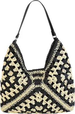 Produktbild von Strandtasche Strohtasche Damen, Boho Umhängetasche, Tragetasche, Handtasche für Urlaub Reisen, Schwarz