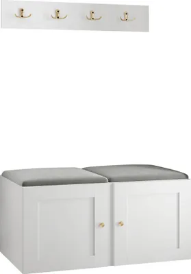 Produktbild von MIRJAN24 Garderoben-Set Orion Ramiro VI, Schuhschrank, Kleiderhakenbrett, 2x Sitzpaneel 42x42, Metallgriffe, 4 Kleiderhaken (Farbe: Weiß, Manila 16)