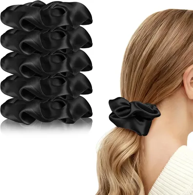 Produktbild von Seiden Scrunchies 5 Stück, schwarz, Haargummis für Damen, für alle Haartypen