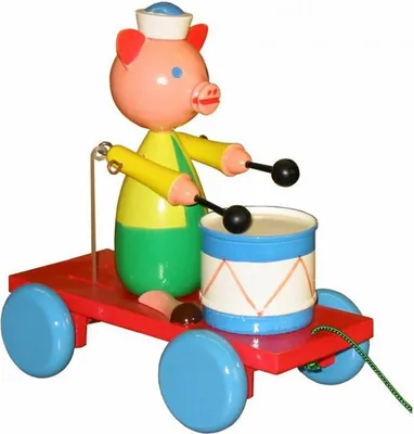 Produktbild von Miva Nachziehfigur Schwein Spielzeug mit Trommel - buntes Holzspielzeug