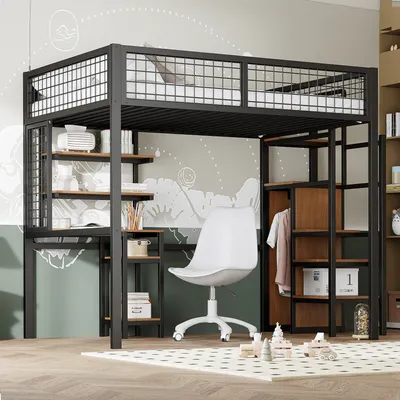 Image de AIORBER Lits superposés,140 x 200cm, avec échelle de sécurité, garde-corps en maille pleine, avec table d'ordinateur, armoire avec cadre en fer, gain de place, noir