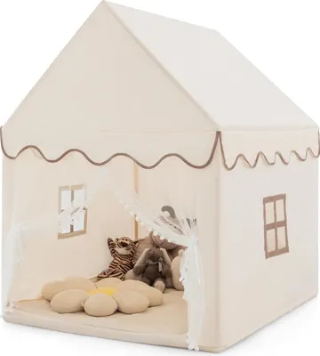Produktbild von GOPLUS Kinderzelt Spielzelt mit Wattepad, 2 Kleine Fenster, Gaze-Vorhänge, Hausform, Oxford-Stoff, Rahmen aus Massivholz, Spielhaus ab 3 Jahren, Beige