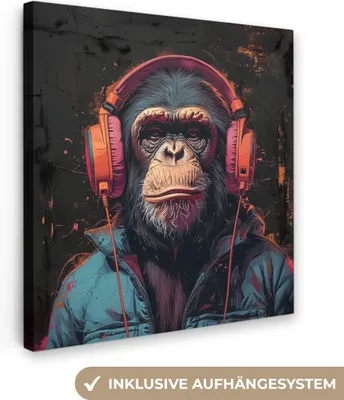 Produktbild von MuchoWow® - Leinwandbilder - Graffiti - Schimpanse - Kopfhörer - Affe, Wandbild, Wanddeko Bilder Wohnzimmer, 90x90cm