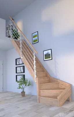 Produktbild von Holztreppe Rhodos in 1/4 gewendelter Ausführung links-Eiche-Design-Geländer-Edelstahl-mit Setzstufen