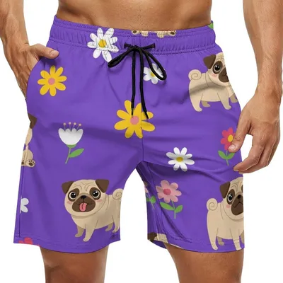 Productafbeelding van Heren Strandshorts - Sneldrogend - Paars met Mopshond en Bloemen