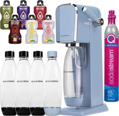 A collage of a SodaStream machine, various flavor bottles, and reusable bottles.