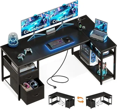Produktbild von Schreibtisch mit 2 Schubladen und Regal, 160×80 cm Eckschreibtisch mit Stauraum und Steckdose, Umkehrbarer Gaming Tisch für Homeoffice & Familienecke, Schwarz