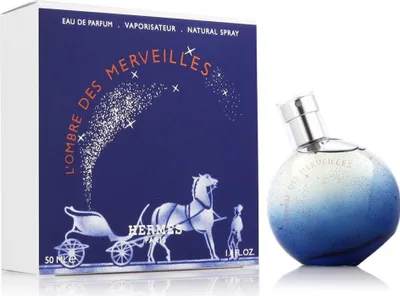 A perfume bottle and its packaging are displayed against a white background.