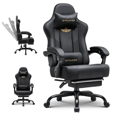 Zdjęcie produktu dla Krzesło gamingowe - ergonomiczne krzesło biurowe - regulacja wysokości - podnóżek i podgłówek - podparcie dla kręgosłupa lędźwiowego - obrotowe, z kółkami - sztuczna skóra - czarne