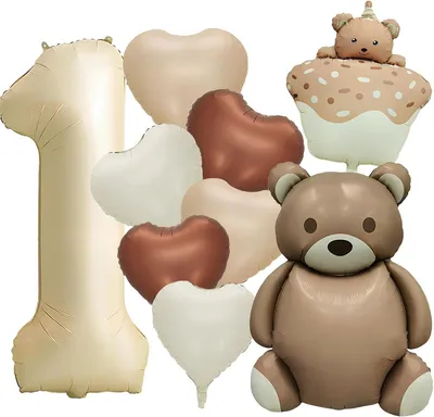 Image de Décoration d'anniversaire sur le thème des ours, lot de 9 pièces, ballons en aluminium, pour un garçon de 1 an