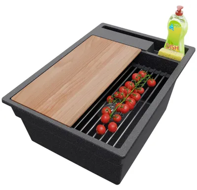 Produktbild von PRIMAGRAN Spülbecken Anthrazit 38x53cm, Granitspüle 1 Becken + Ablauf-Set + Küchenzubehörset, Küchenspüle ab 40er Unterschrank - Oslo Pocket