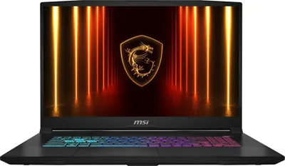 A black MSI Katana 15 HX B14WFK-636 laptop is shown from the front with its screen displaying a glowing dragon logo and vertical orange and yellow lights.
