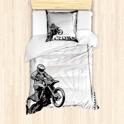 Produktbild von ABAKUHAUS Motorrad Mantele, Motocross Racer, Milbensicher Allergiker geeignet mit Kissenbezügen, 135 cm x 200 cm - 80 x 80 cm, Schwarz-Weiss