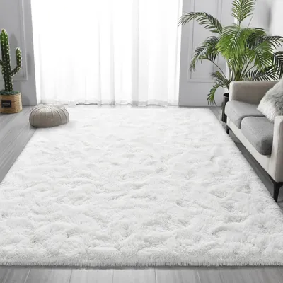 Image de Tapis Langflor, 160x230 cm, blanc, lavable, antidérapant, moelleux, doux, à poils longs, tapis confortable pour salon, chambre à coucher ou chambre d'enfant