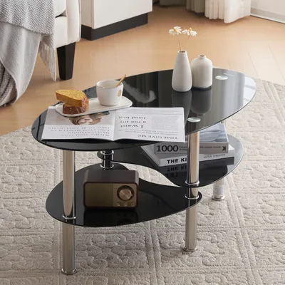A modern living room setting with a glass coffee table.
