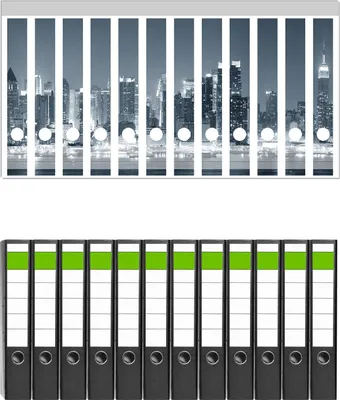 Produktbild von Wallario 12 Stück schmale Ordner inkl. Klebeetiketten mit Motive New York Skyline - Schwarz Weiß Blau -  Set mit Rückenschildern / Ordnerrücken Stickern