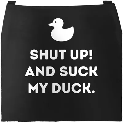Produktbild von Grill-Schürze für Männer mit Spruch shut up and suck my duck und Quietsche Entchen Motiv Baumwoll-Schürze Küchenschürze Moonworks® schwarz unisize