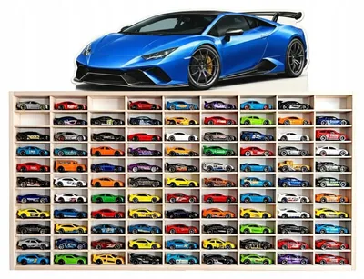 Modellauto-Regal für 80 Autos 1:64 – Wandregal & Setzkasten für Spielzeugautos, Supersportwagen-Motiv, Birken-Sperrholz – Gesamtansicht auf neutralem Hintergrund
