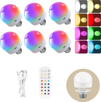 Image de Lot de 6 ampoules rechargeables E27, télécommande, veilleuse LED à intensité variable, ampoule LED RVB,tactile, minuterie, fixation magnétique, utilisable comme éclairage de secours