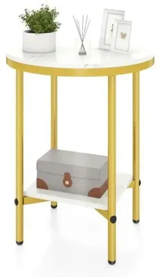 Productafbeelding van 2-laags ronde salontafel 40,5 cm bijzettafel met witte marmerlook & opbergoppervlak Wit + Goud