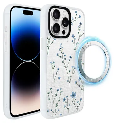Zdjęcie produktu dla Etui do iPhone 14 Pro, kompatybilne z MagSafe, białe matowe boki, niebieskie kwiaty