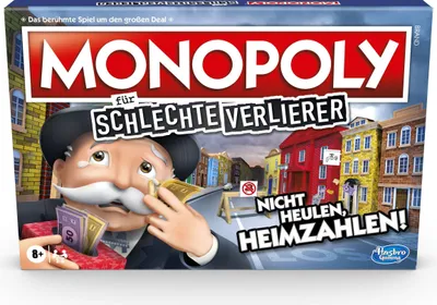 The image shows the front of a Monopoly board game box titled 'Monopoly für schlechte Verlierer' (Monopoly for bad losers). A cartoon character, Mr. Monopoly, is depicted crying and wiping his eyes with money, with a street scene in the background. Text on