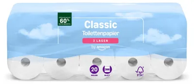 Immagine prodotto di di Amazon Classic Carta igienica, a 3 veli, 20 rotoli, certificata