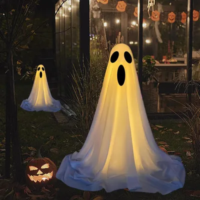 Leuchtgeist 165 cm, Halloween-Deko, weiß, mit 20 LEDs, Standfigur