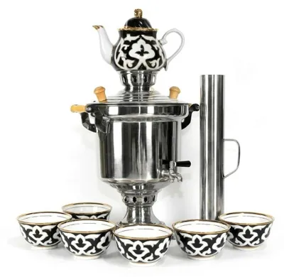 Produktbild von Set Holzfeuer-Samowar 5 Liter aus Edelstahl mit Schornstein Teeservice "Pahta Gul" (7-teilig) Usbekisch