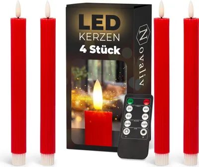 Produktbild von Stabkerzen LED mit Timer ROT 4 Stück ROT indoor - 6 Stunden - ECHTWACHS gerippt 23cm Höhe für Kerzen 2,2cm Durchmesser 2 AAA Batterien notwendig LED Stabkerzen flackernde Flamme bewegliche Flamme