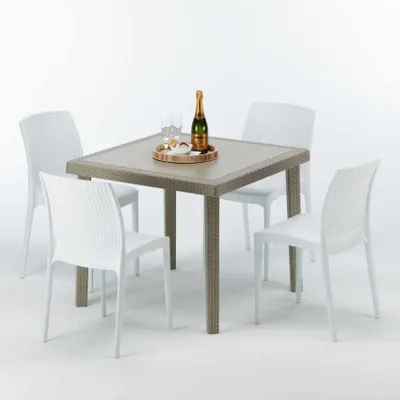 Produktbild von Polyrattan Tisch Quadratisch mit 4 Bunten Stühlen 90x90 Beige Elegance
