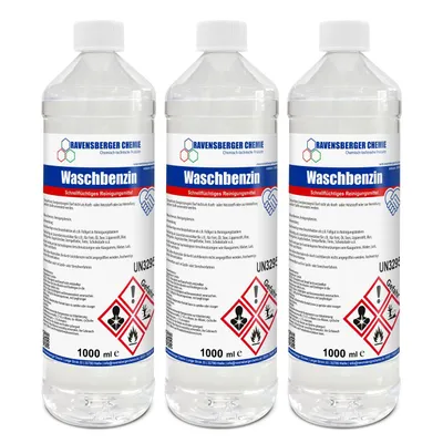 Produktbild von Ravensberger Chemie Waschbenzin Spezialreiniger – stark gegen Fett, Öl, Teer, Kleber, Farbe, Tinte & Wachs – ideal für Kunststoffoberflächen - 3 x 1 L