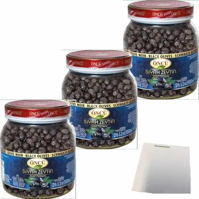 Produktbild von Öncü Schwarze Oliven M 3er Pack (3x1000g PET-Dose) + usy Block