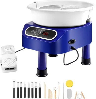 Obrázok produktu pre SucceBuy hrnčiarsky kruh, 11-palcový stroj na tvarovanie keramiky. elektrický hrnčiarsky kruh s výkonom 450 W, nožným pedálom a dotykovým LCD displejom. Keramický kotúč s priamym pohonom a 3 opornými nohami na umelecké a remeselné práce pre domácich majstrov, modrý