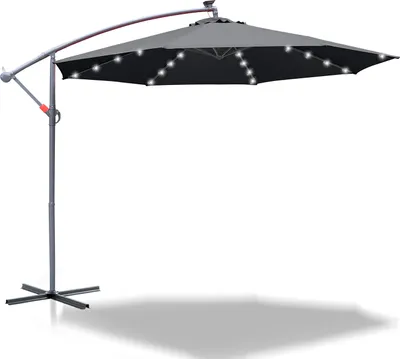 Produktbild von Sonnenschirm mit LED Beleuchtung Ampelschirm 350 cm Garten Schirm mit 32 LED-Lämpchen UV-Schutz Kurbelschirm Ständer Gartenschirm Marktschirm, Grau