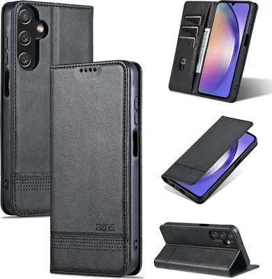 Produktbild von Leder Hülle für Samsung Galaxy A15 5G/4G, Klapphüllen Brieftasche Magnetverschluss Ständer Schutzhülle Schwarz