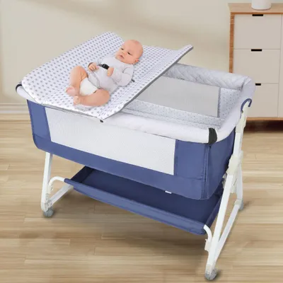 Produktbild von 3 in 1 Beistellbett,Reisebett Baby mit Matratze & Wickelauflage,Babybett 6 Fach höhenverstellbar mit Aufbewahrungskorb für Baby bis 12 Monaten Blau